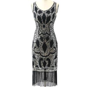 Zapaka Bead Sequin Fringe 1920s Flapper Dress Black Silver S